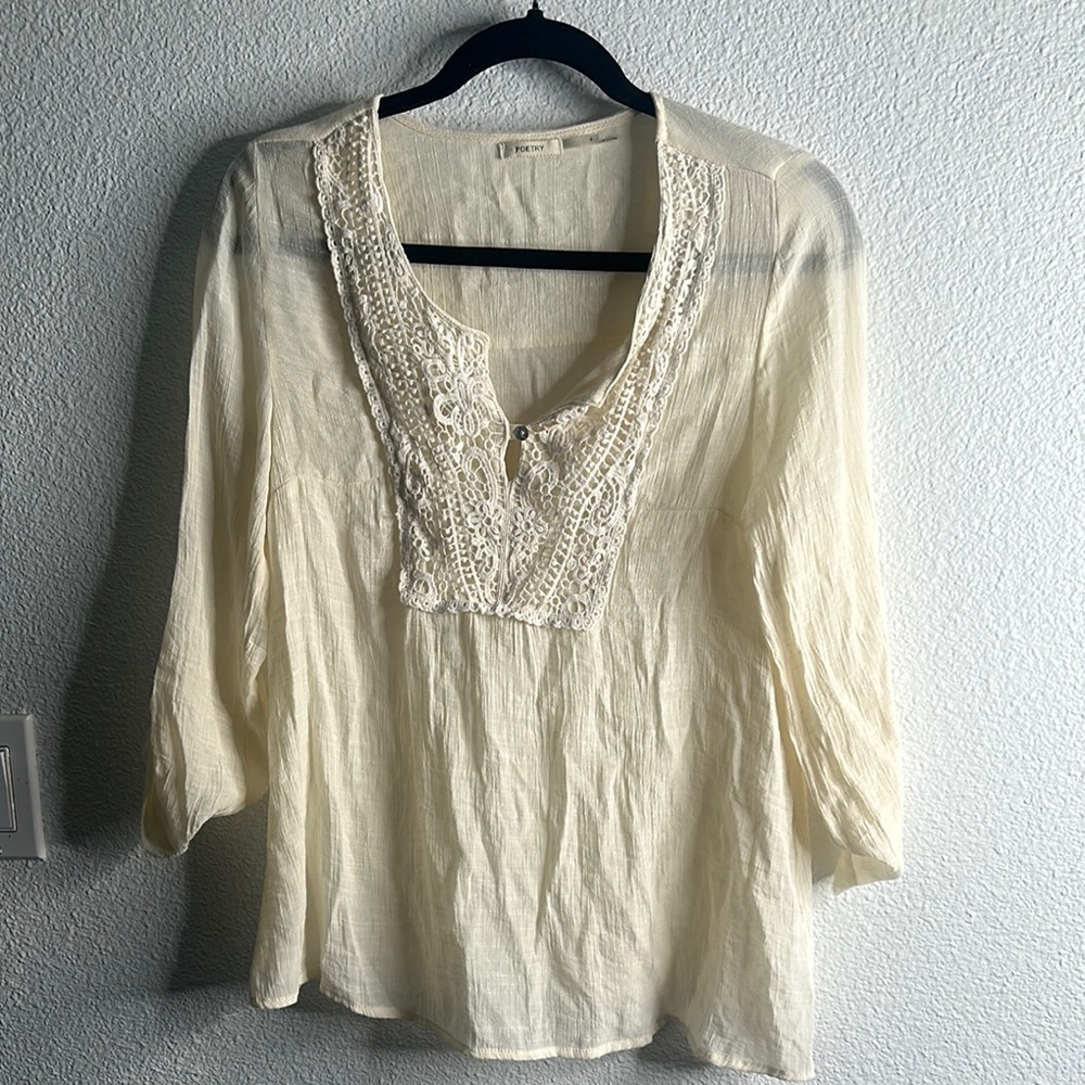 Poetry cream top Elegant Cream Lace-Trimmed Women's Top size S summer breathable
